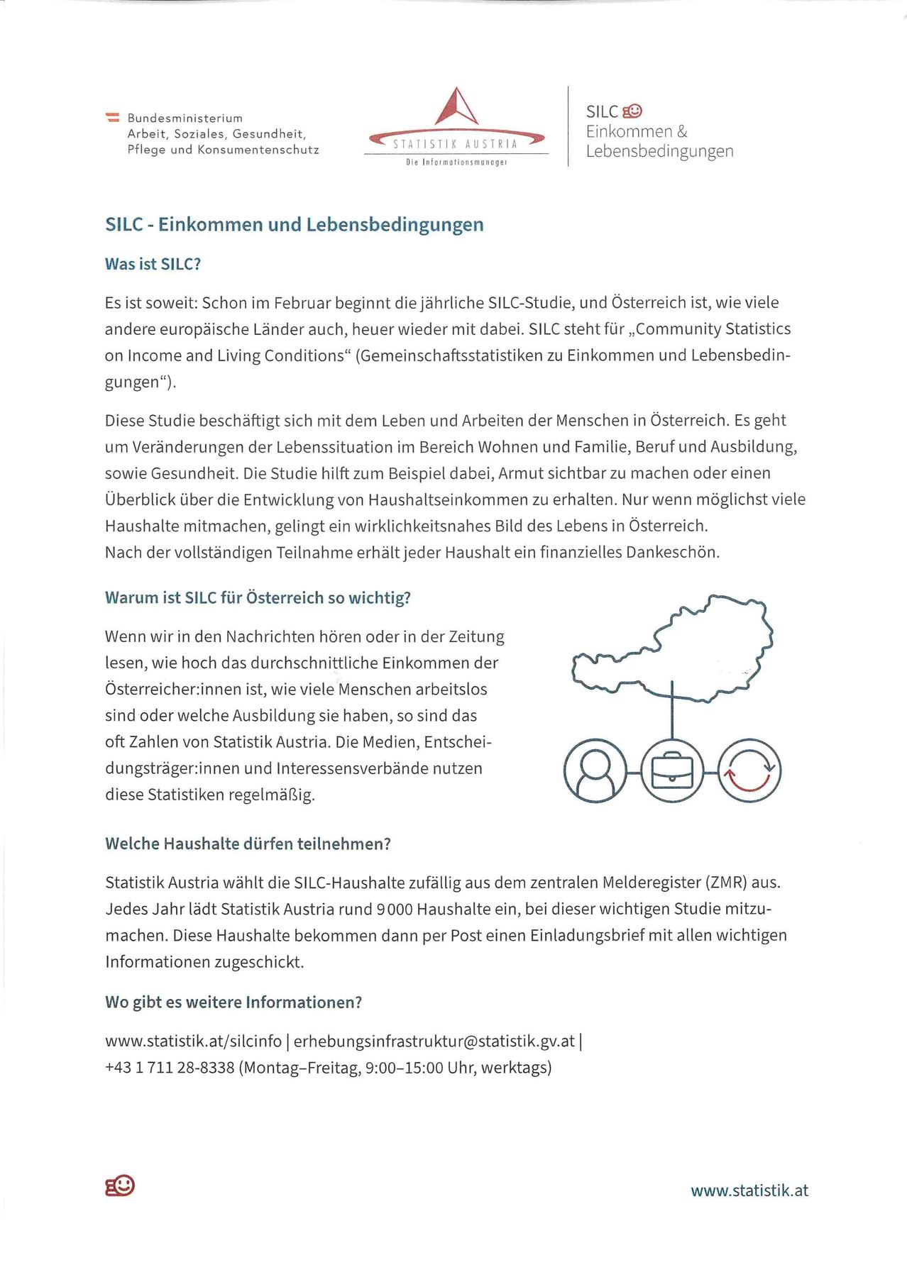SILC - Einkommen und Lebensbedigungen. Was ist SILC? Es beginnt im Februar, und Österreich ist jetzt auch dabei. SILC steht für Gemeinschaftsstatistiken zu Einkommen und Lebensbedigungen. Die Studie hilft, Armut sichtbar zu machen oder einen Überblick über die Entwicklung des Haushaltseinkommens zu erhalten. SILC ist wichtig für Österreich, weil Statistiken über Einkommen, Beschäftigung und Bildung oft von Statistik Austria stammen.