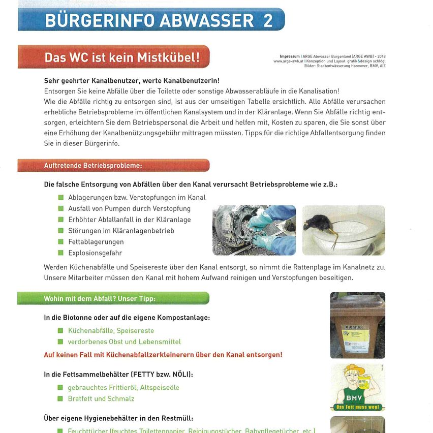 Das Dokument informiert über die Abwasserentsorgung in einer Stadt und betont die Bedeutung der richtigen Abfallentsorgung, um Betriebsprobleme im öffentlichen Kanalsystem und in der Kläranlage zu vermeiden. Es warnt vor der Entsorgung von Abfällen wie Küchenabfällen und verderbtem Essen über den Abfluss und gibt Tipps zur korrekten Abfallentsorgung. Es zeigt auch, wohin der Abfall entsorgt werden soll, wie in Bioabfallbehältern oder Kompostbehältern.