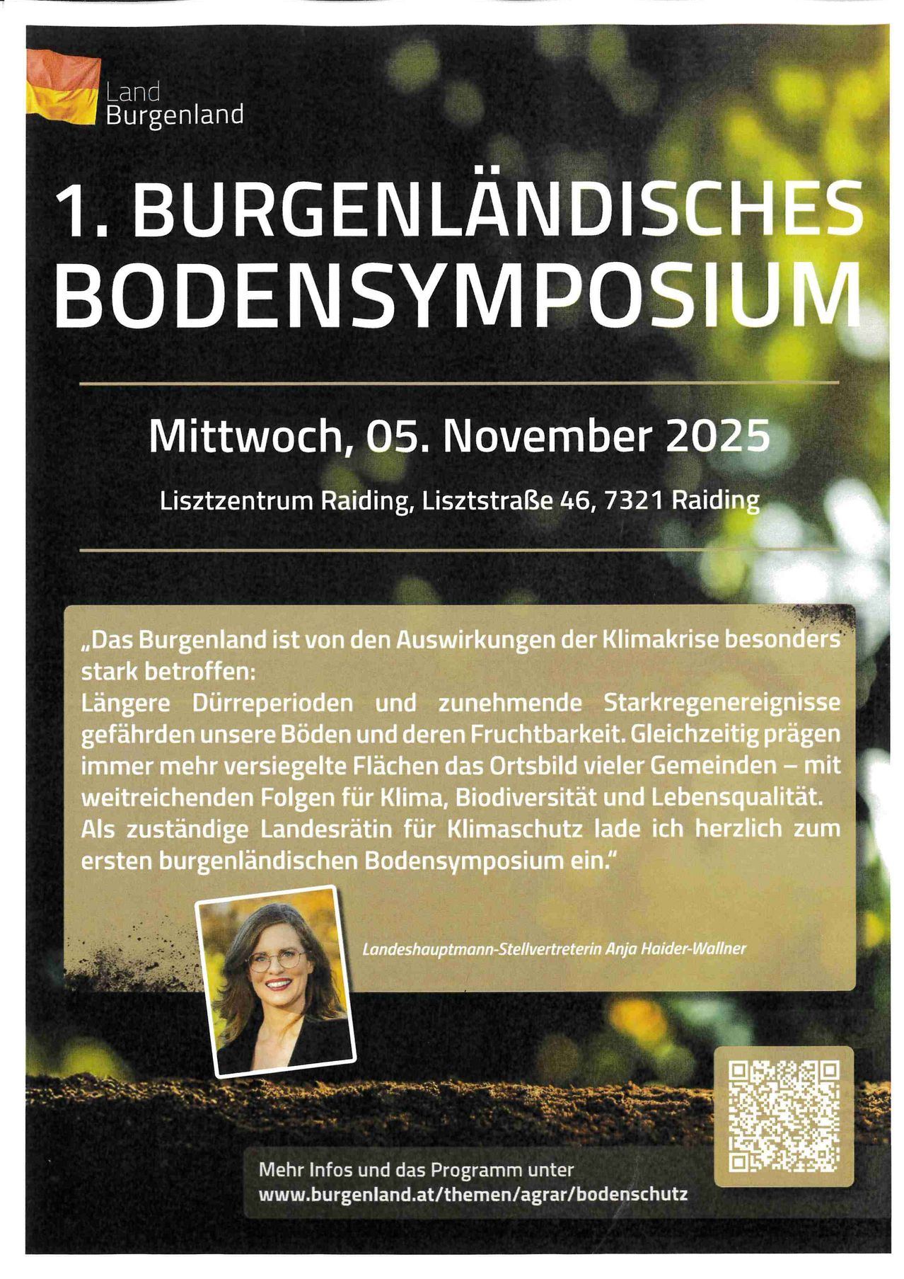 Plakat für das 1. Burgenländische Bodensymposium am 5. November 2025 im Lisztzentrum Raiding. Es behandelt die starken Auswirkungen des Klimawandels auf die Böden und Biodiversität im Burgenland.