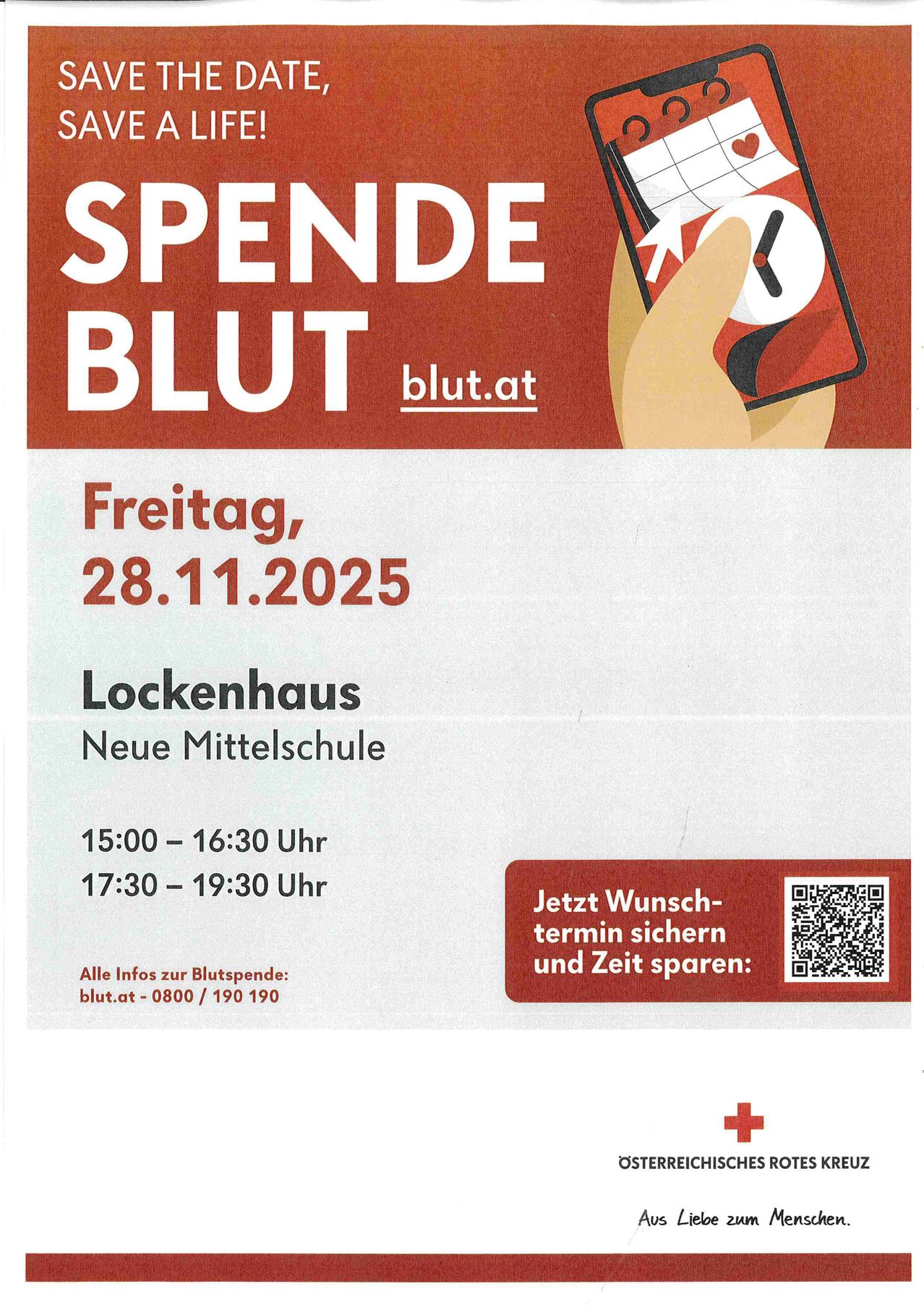 Plakat für Blutspende-Veranstaltung mit 'Spende Blut' in Rot geschrieben. Darunter steht 'blut.at'. Darunter steht 'Freitag, 28.11.2025'. 'Lockenhaus Neue Mittelschule' und Zeitfenster sind aufgeführt. Kontaktinformationen sind verfügbar. QR-Code für Terminbuchung vorhanden.