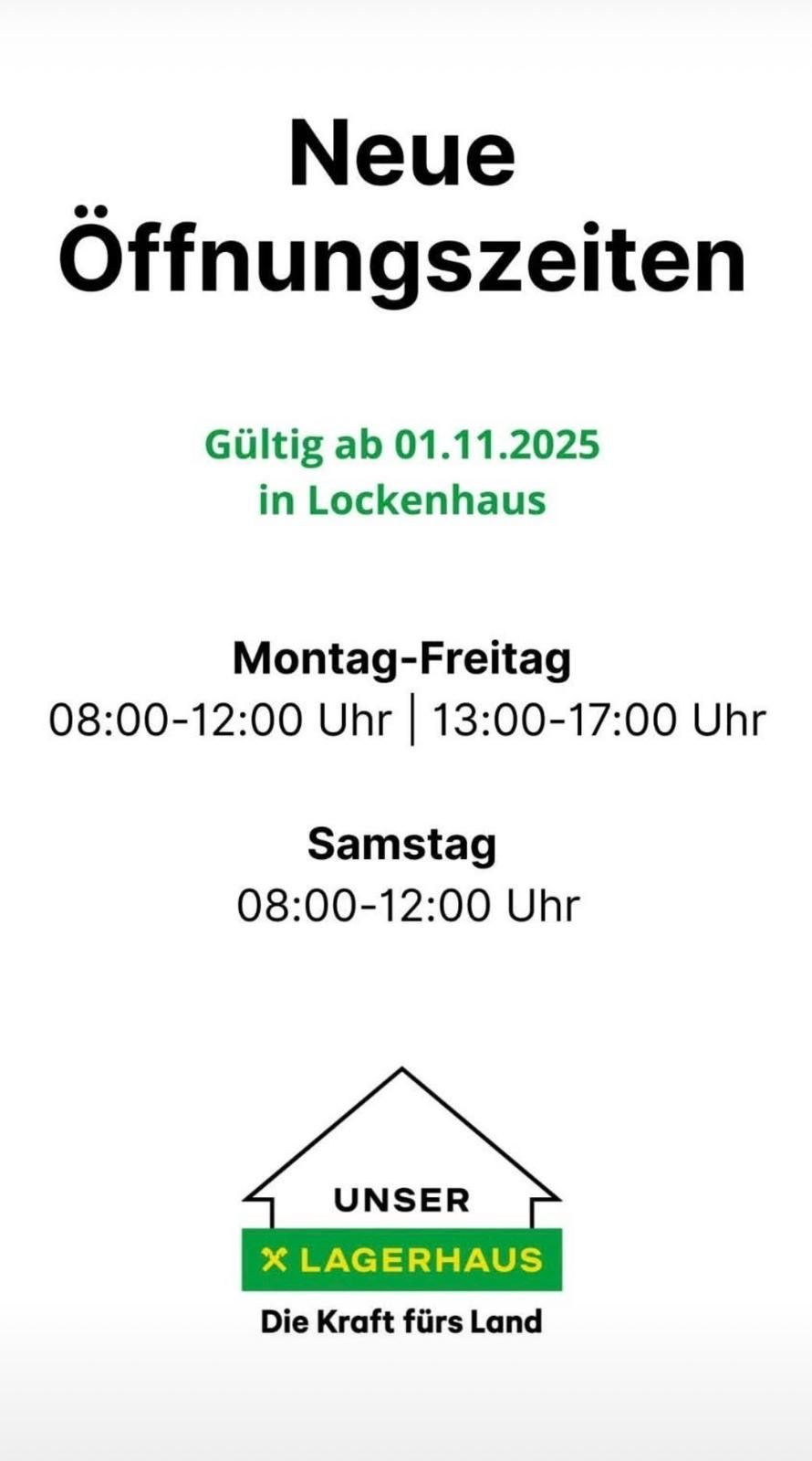 Die Gültigkeitsdauer ist bis zum 01.11.2025 in Lockenhaus. Öffnungszeiten sind Montag bis Freitag von 08:00 bis 12:00 Uhr und von 13:00 bis 17:00 Uhr. Samstags sind die Öffnungszeiten von 08:00 bis 12:00 Uhr.