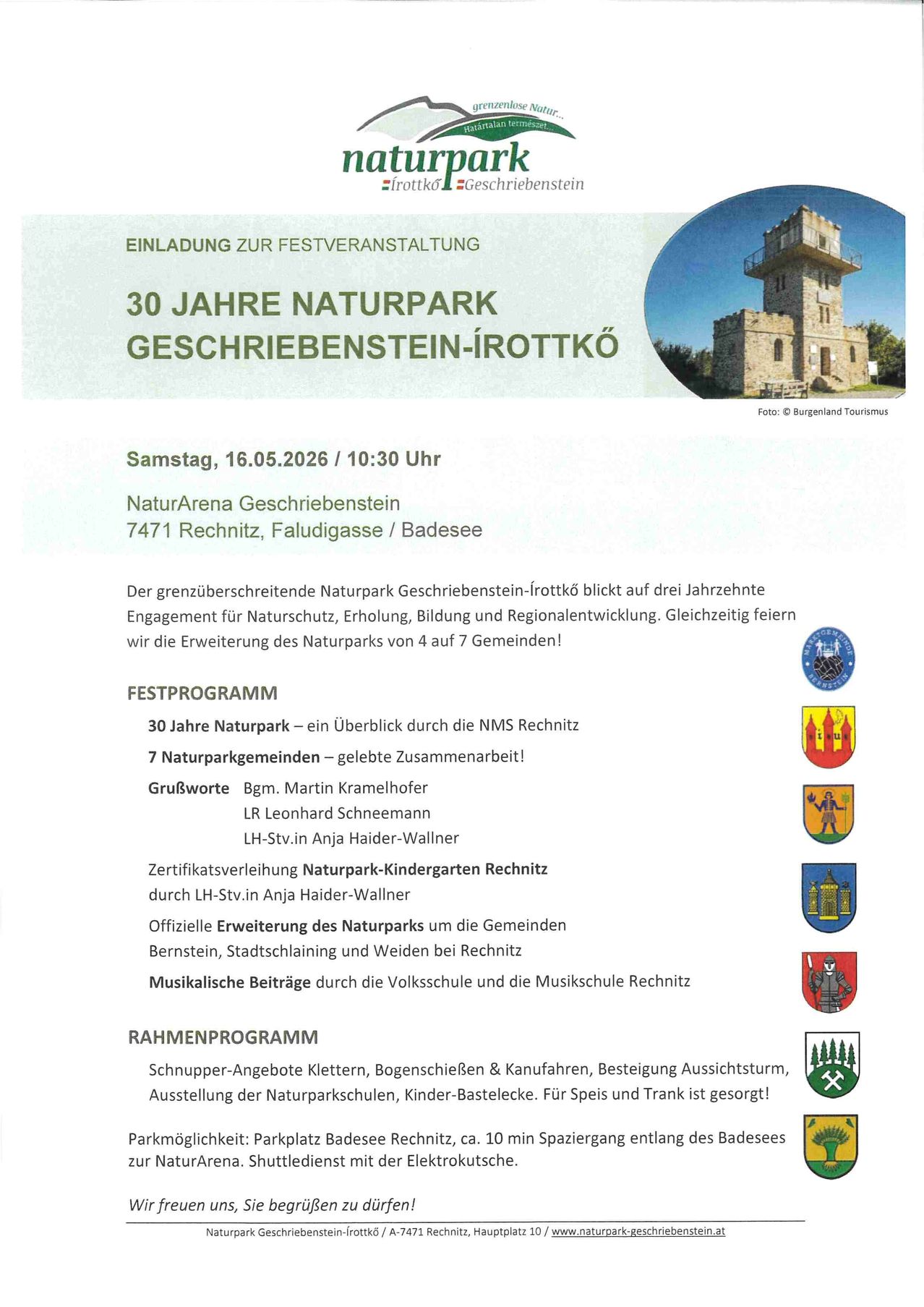 Plakat für die Feierveranstaltung des Naturparks Gschriebenstein-Irrottkö. 30 Jahre Zusammenarbeit für Naturschutz, Erholung, Bildung und Regionalentwicklung. Veranstaltung am 16. Mai 2026. Programm mit Touren, Vorträgen und musikalischen Beiträgen.