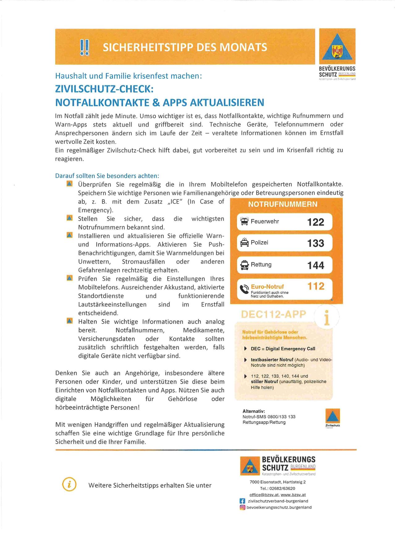 Das Bild informiert über einen Zivilschutz-Check und betont die Wichtigkeit, Notfallkontakte und Warn-Apps aktuell zu halten. Es beinhaltet Schritte wie das Überprüfen von Kontakten im Handy, das Installieren und Aktualisieren von Warn-Apps und die regelmäßige Überprüfung von Notfallausrüstung. Es wird auch empfohlen, analoge Notfallnummern zu behalten.