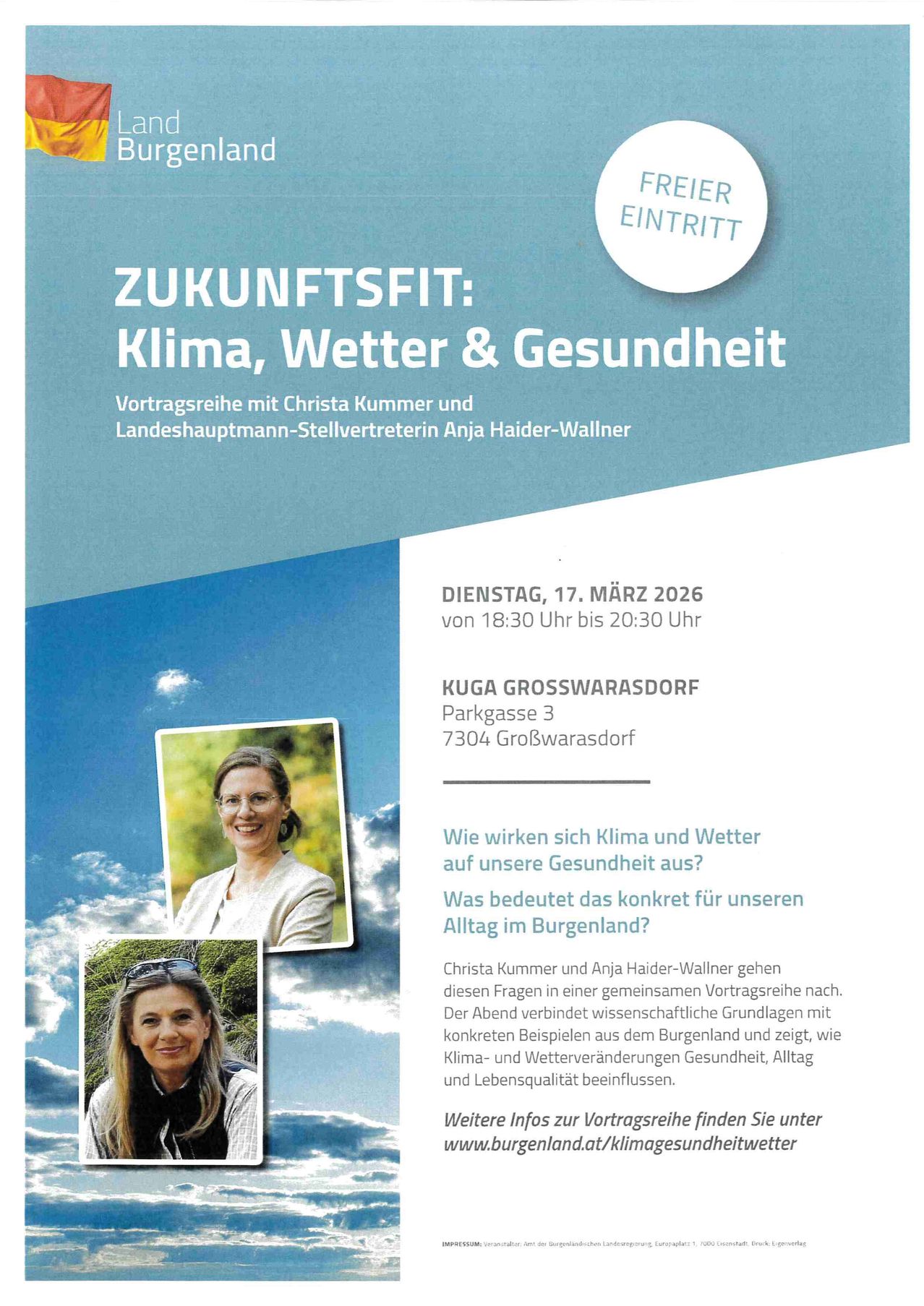 An event titled 'Future Fit: Climate, Weather & Health' is happening on March 17, 2026, from 6:30 PM to 8:30 PM at Kuga Grosswarasdorf, Burgenland. The speakers are Christa Kummer and Anja Haider-Wallner. They will discuss how climate and weather impact health.