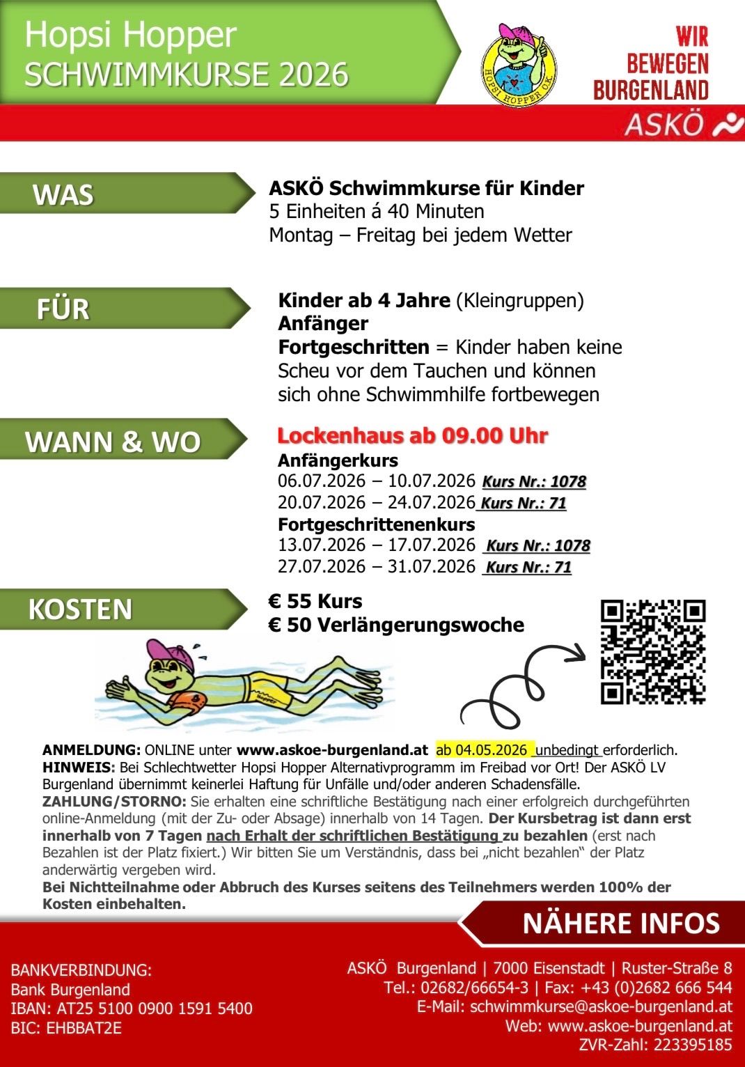 ASKO swimming course for children, 5 units of 40 minutes each, Monday to Friday, all weather. Beginner course for children up to 4 years old. No swimming skills required. Lockenhaus starting at 09:00. Registration online required by May 4, 2026. Online payment after confirmation.