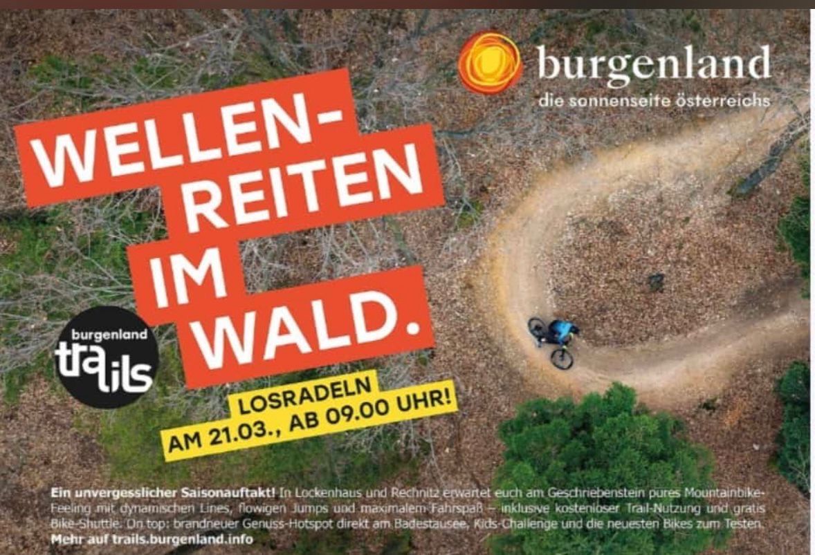 A poster for a mountain bike ride event, featuring a cyclist on a dirt trail with text in German. The poster advertises a ride in the forest on March 21 at 9 AM.