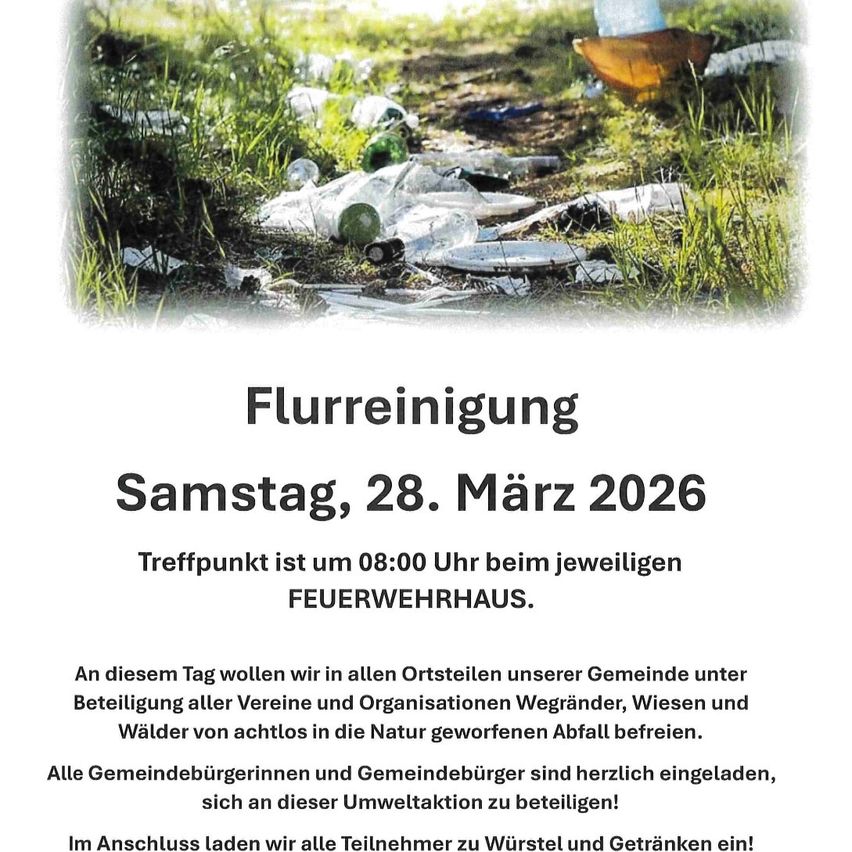 Das Plakat bewirbt eine Gemeinde-Säuberungsaktion am Samstag, 28. März 2026. Der Treffpunkt ist um 08:00 Uhr am Feuerwehrhaus. Es zielt darauf ab, Müll aus Feldern, Wiesen und Wäldern zu entfernen. Alle Gemeindemitglieder sind eingeladen. Danach gibt es Snacks und Getränke.