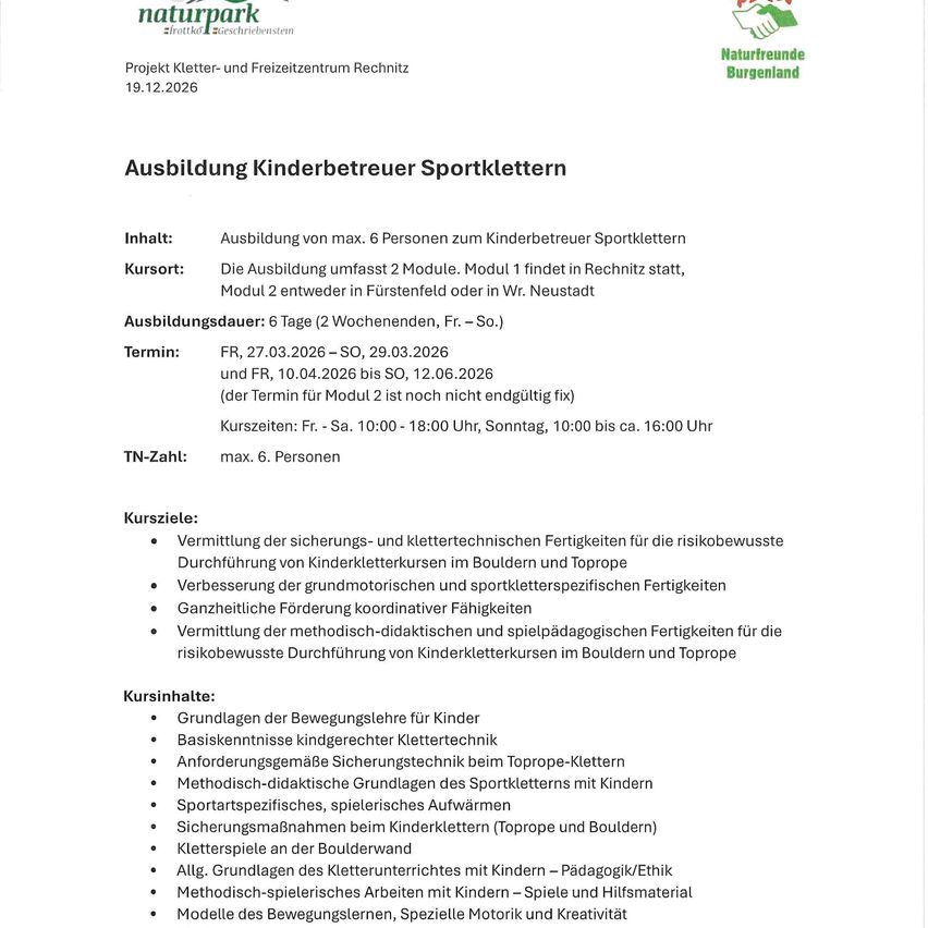 Das Bild zeigt einen Flyer für einen Klettertrainer-Ausbildungskurs. Es enthält Details wie die Anzahl der Teilnehmer, Trainingsmodule, Termine und Kursinhalte. Der Kurs ist in zwei Module unterteilt und findet in Rechnitz und Fürstenfeld statt. Er dauert sechs Tage und die Gebühr ist angegeben.