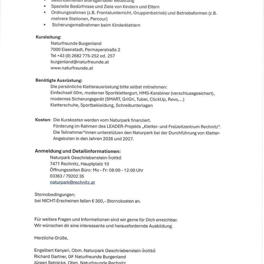 Das Dokument enthält Informationen über einen Kurs im Naturpark Burgenland. Es beinhaltet Details zur Kursausrichtung, benötigter Ausrüstung, Kosten und Kontaktinformationen. Der Kurs wird vom Naturpark finanziert und findet in bestimmten Bereichen statt.