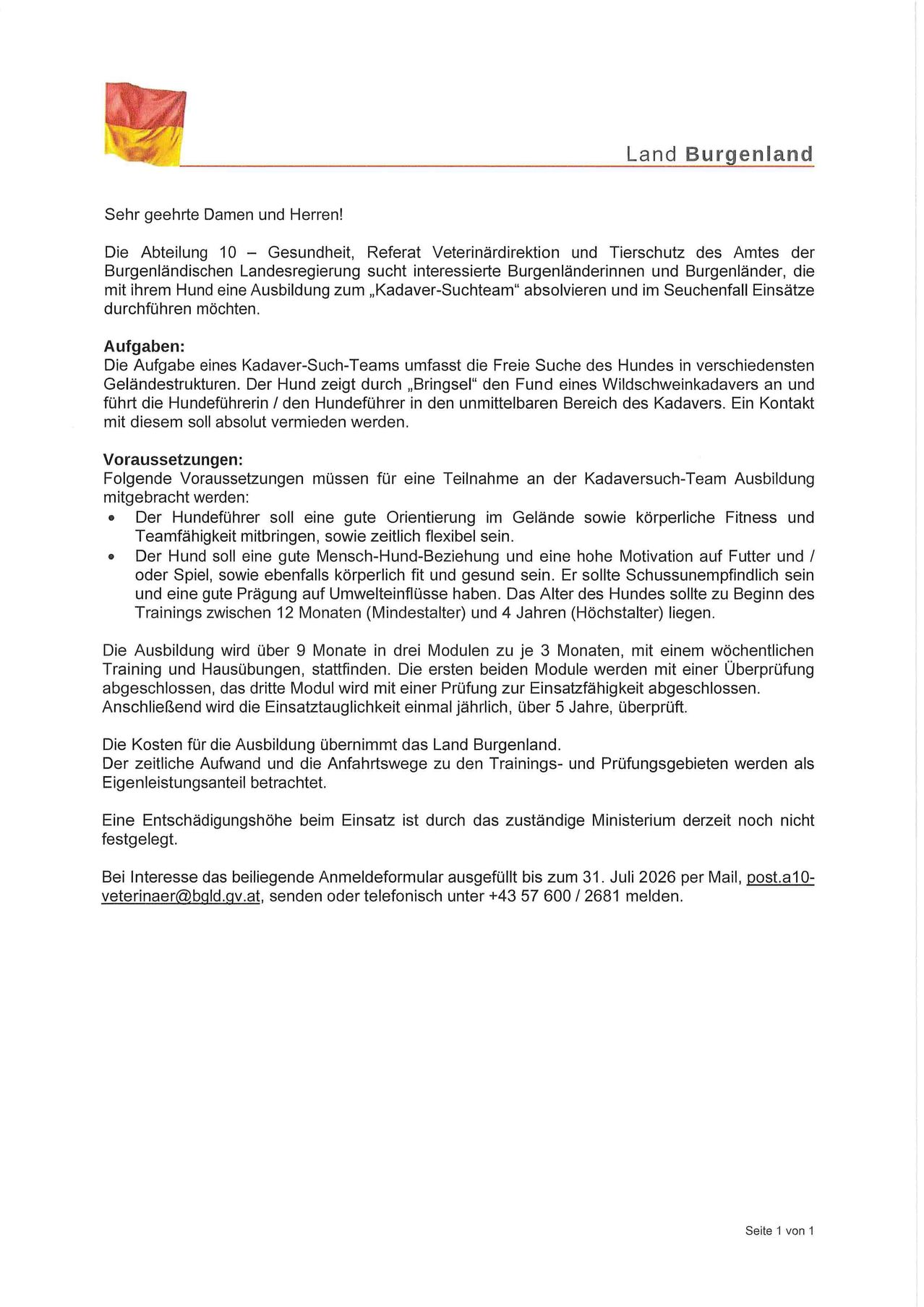 A document outlines the requirements for a cadaver search team, including the dog's freedom to search, the handler's role, and the team's composition. It details the training schedule, costs, and application process.