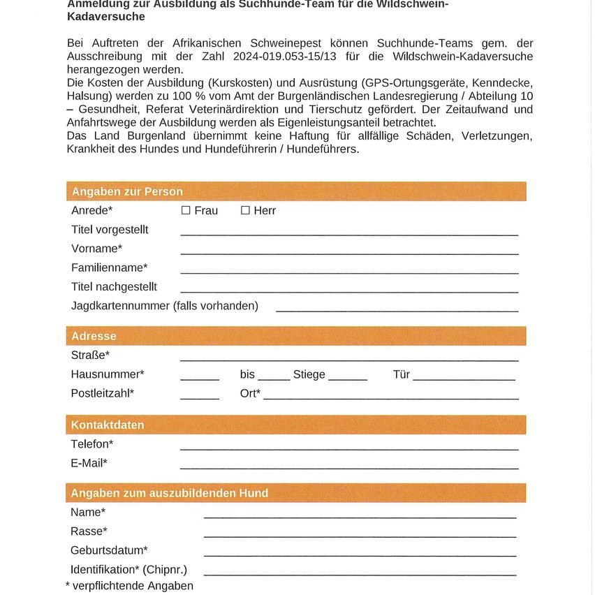 A form for registering as a hunting dog team for wild boar search. It includes sections for personal information, address, contact details, and details about the dog. The form is in German.