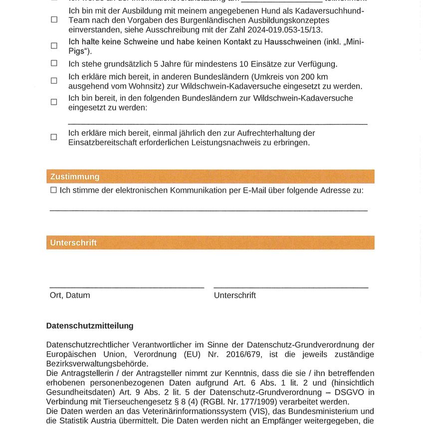 A document with a form about a person's willingness to participate in wild boar search activities, including details about their experience, willingness to travel, and consent for electronic communication.