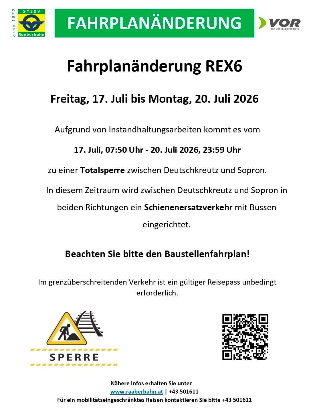 A notice about a total closure of the REX6 train line between Deutschkreuz and Sopron from July 17 to July 20, 2026, due to maintenance work. A bus replacement service will be provided during this period.