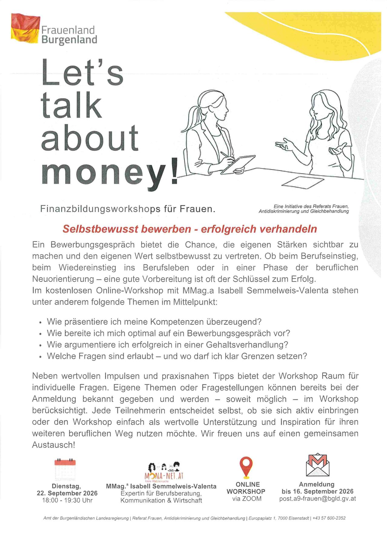 Ein Flyer für Finanzworkshops für Frauen, mit einer Frau in einem Anzug und einem Mann im Anzug, die Themen wie Selbstbewusstsein, Vorstellungsgespräche und Gehaltsverhandlungen besprechen. Der Workshop ist kostenlos und bietet praktische Tipps und Raum für individuelle Fragen.