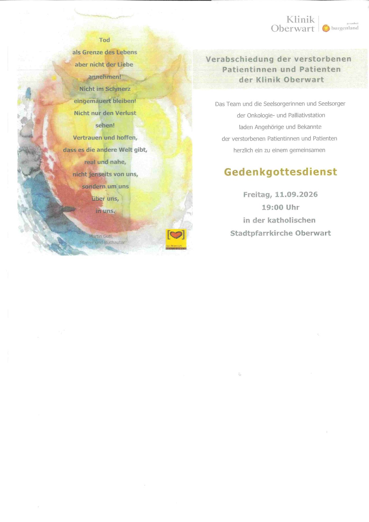 Ein Gedenkgottesdienst-Flyer mit einem Aquarellhintergrund und einem Zitat über Hoffnung und Vertrauen. Es enthält Details zum Datum, zur Zeit und zum Ort des Gottesdienstes.