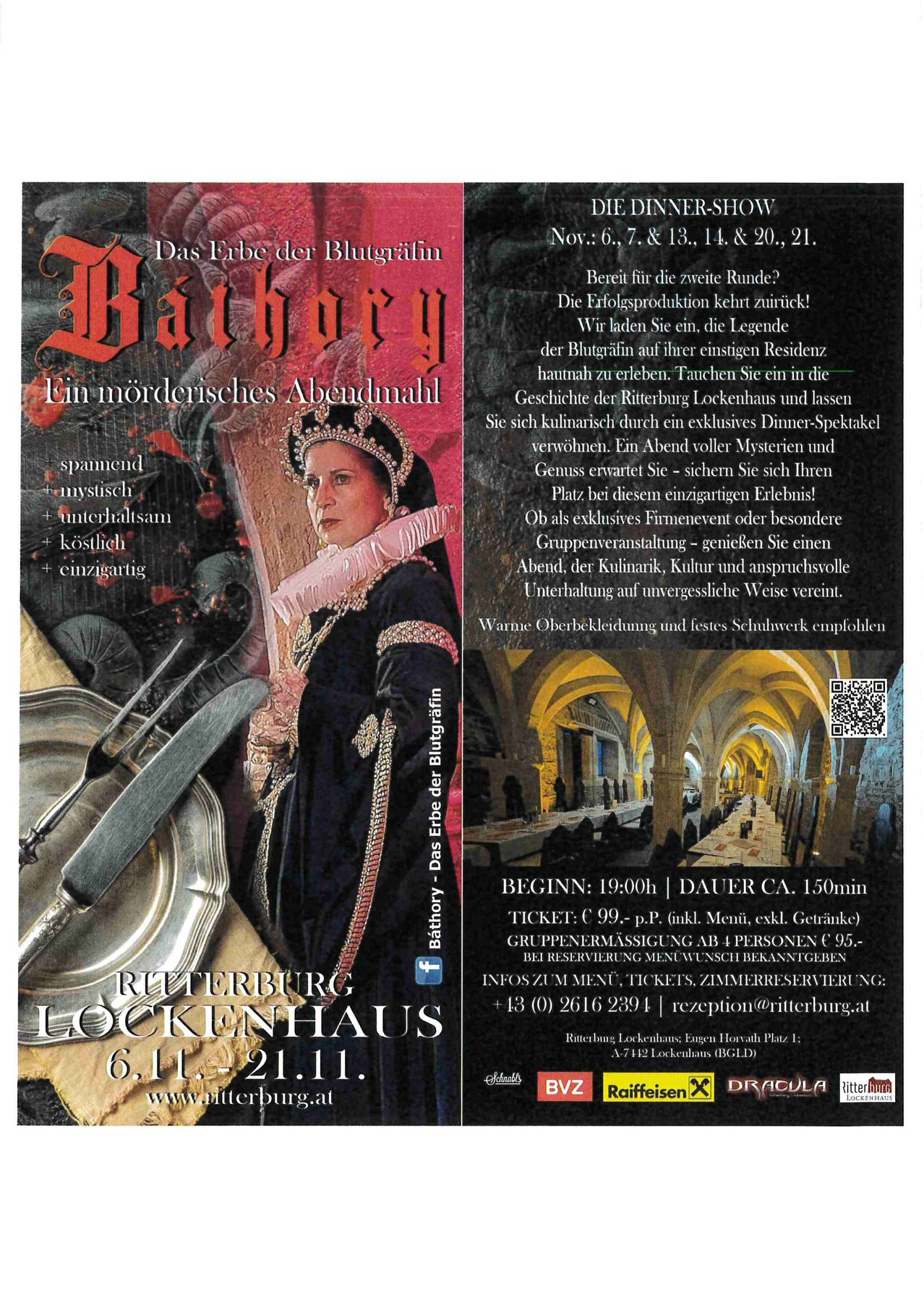 Poster für eine Dinner-Show im Ritterburg Lockenhaus, mit einer Frau in mittelalterlicher Kleidung, einem QR-Code und einem schwach beleuchteten Korridor.