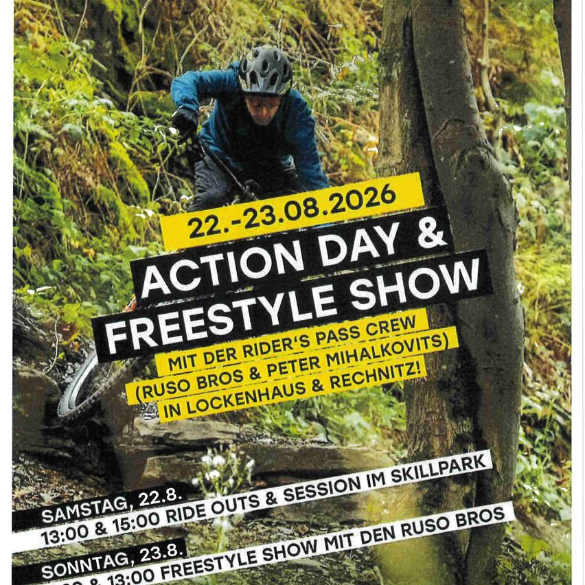 A poster for an event on August 22-23, 2026, featuring a man riding a bicycle in a forest. The event includes a freestyle show with the Rider's Pass crew, Ruso Bros, and Peter Mihalkovits.