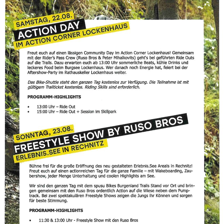 Poster for Action Corner Lockenhaus event on August 22 and Freestyle Show by Ruso Bros on August 23, featuring ride outs, skill sessions, and freestyle shows with refreshments and music.