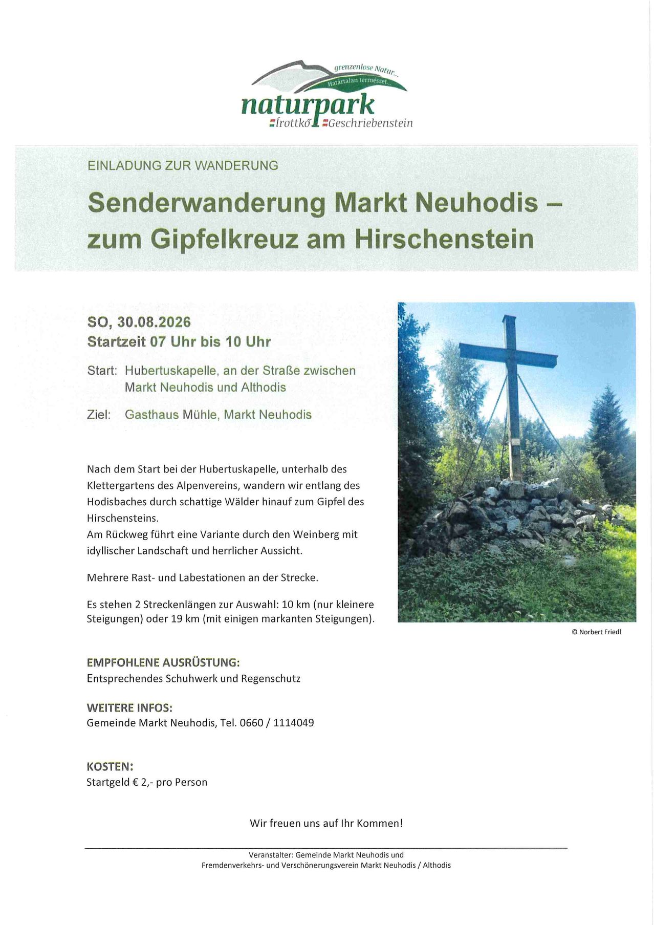 A flyer for a guided walk from Markt Neuhodis to the cross at Hirschenstein. The flyer includes details such as the date, start time, and route description. A photo of a cross in a forest setting is included.