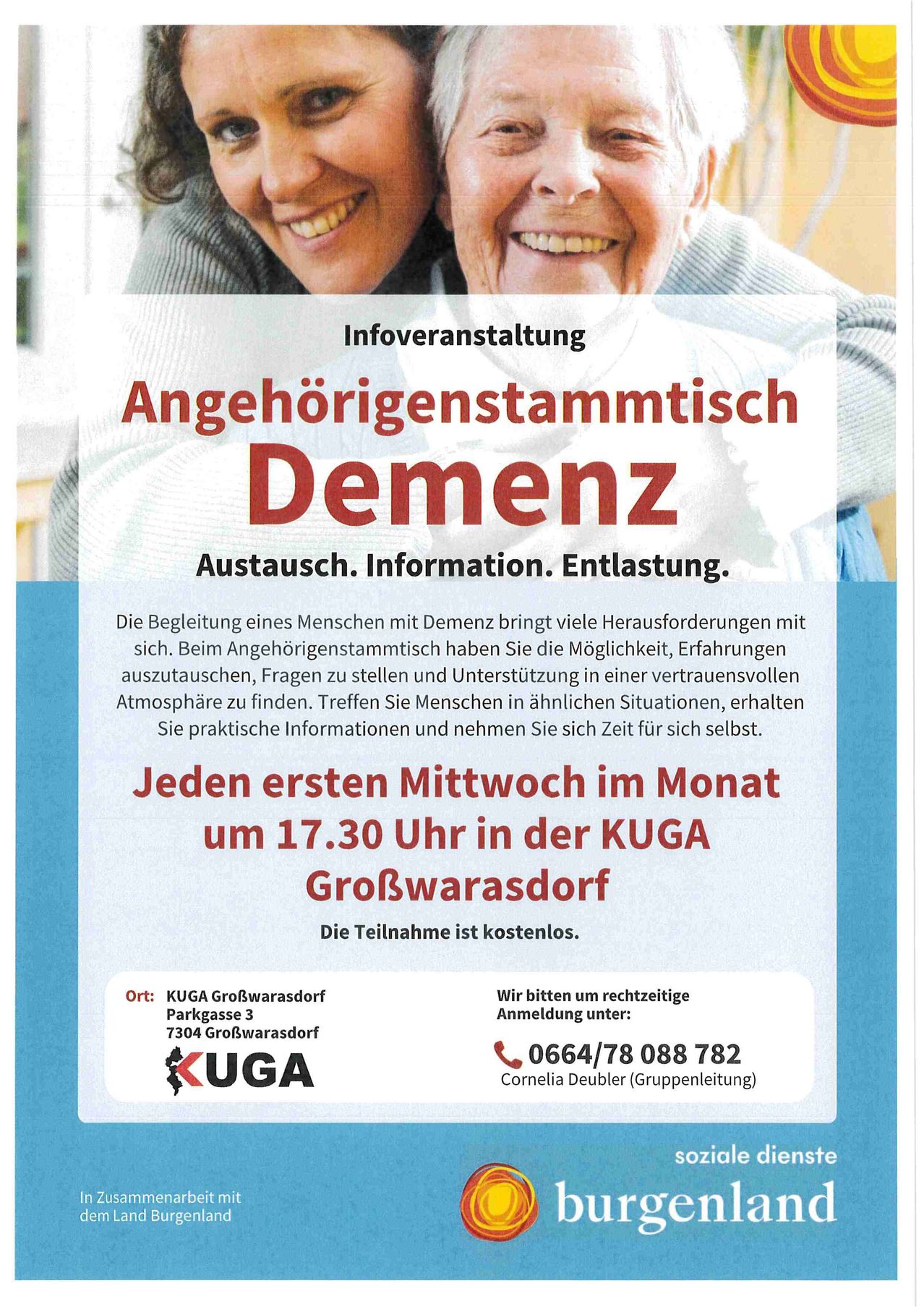 Poster for a support group meeting for people caring for someone with dementia. It features two smiling elderly individuals and includes details about the meeting time, location, and contact information.