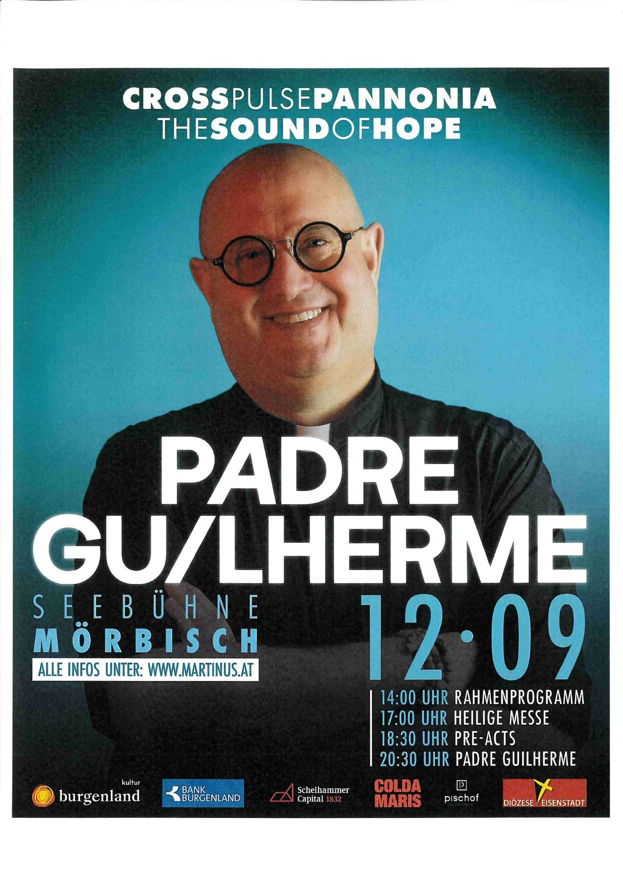 A poster featuring a smiling man wearing glasses and a black shirt. The text reads 'Padre Gu/Lherme' and 'Seebühne Mörbisch' with a date of 12.09.