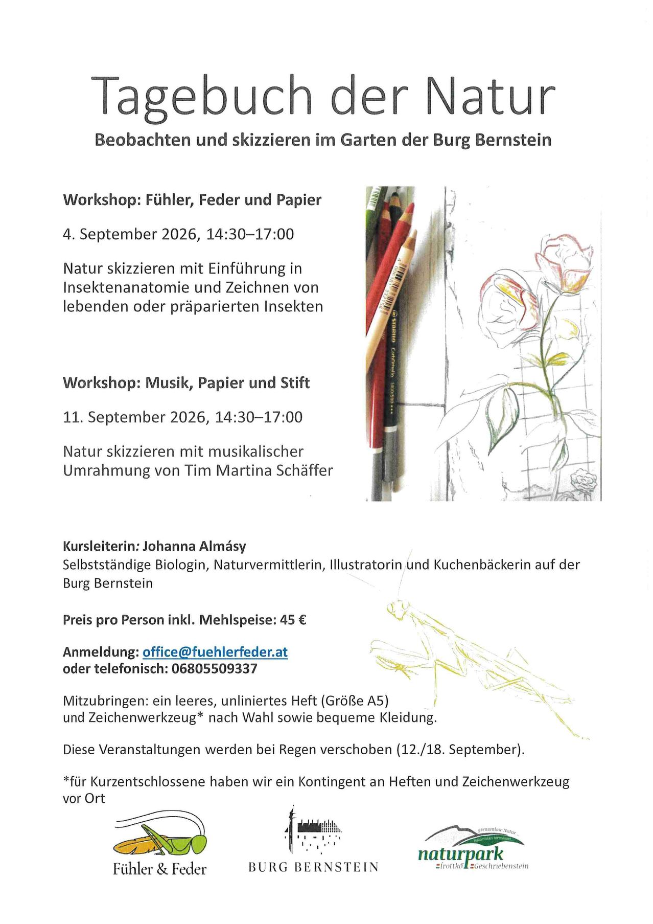 A flyer for two workshops on nature sketching at the Burg Bernstein garden. The first workshop is on September 4, 2026, focusing on insects and drawing techniques. The second workshop is on September 11, 2026, with musical accompaniment by Tim Martina Schäffer.