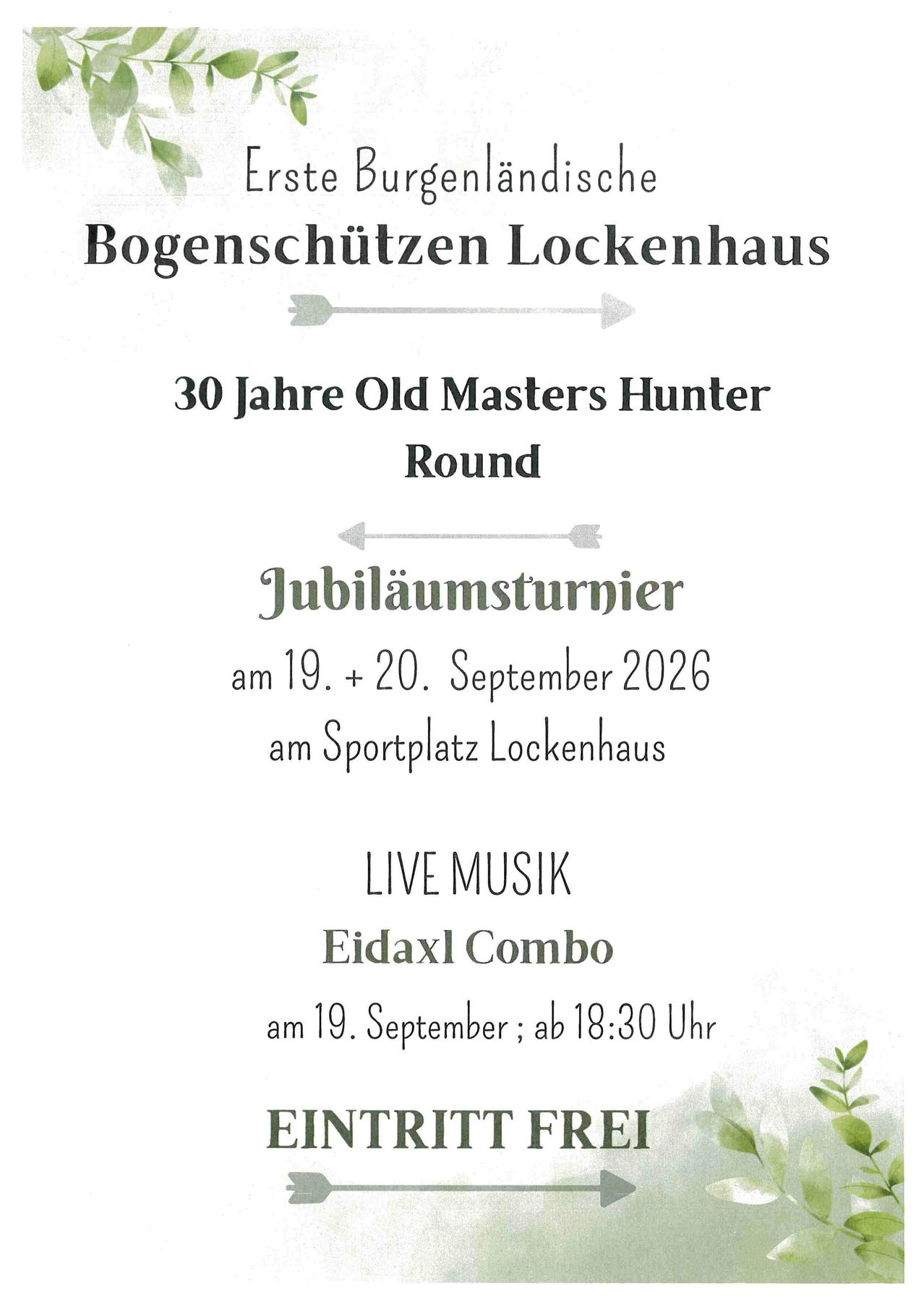 Poster for Bogenschutzen Lockenhaus event. Celebrating 30 years of Old Masters Hunter Round. Anniversary event on September 19th and 20th, 2026, at Lockenhaus Sports Field. Live music by Eidax Combo on September 19th at 6:30 PM.