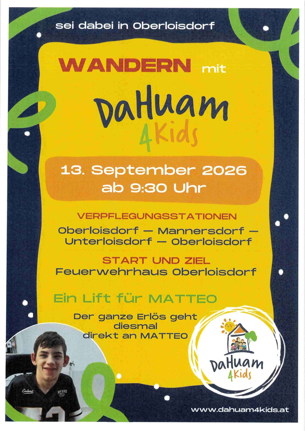Plakat für eine Wohltätigkeitsveranstaltung 'Wandern mit DaHuan 4 Kids' geplant für den 13. September 2026, Beginn um 9:30 Uhr. Die Veranstaltung wird mehrere Stationen haben und der Erlös geht direkt an Matteo.
