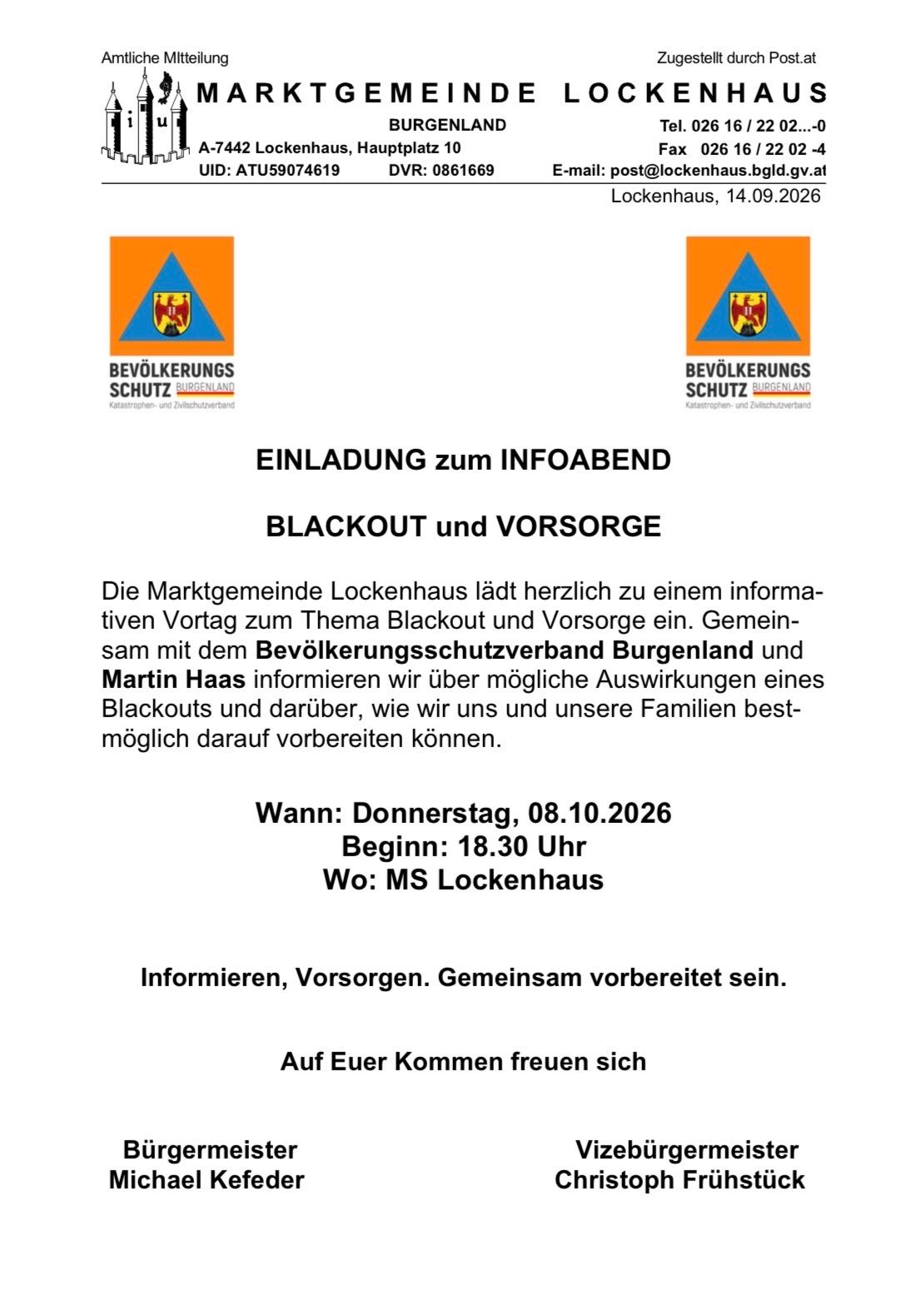 An informational evening on blackout and preparedness is being held by the community of Lockenhaus, inviting attendees to learn about potential blackout impacts and preparation strategies.