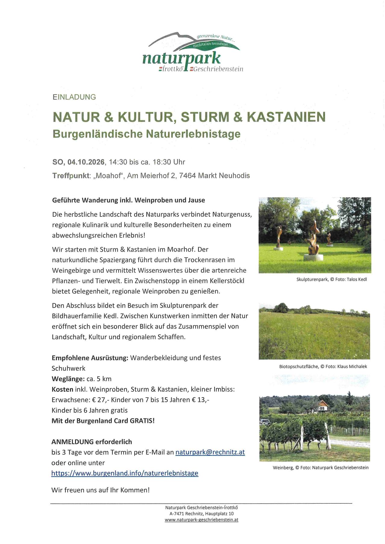 Einladung zu einer Naturwanderung im Burgenland, Österreich, mit einer malerischen Landschaft, Skulpturen und einem Weinberg. Die Veranstaltung umfasst Weinverkostung, Kastanienverkostung und einen Besuch im Skulpturenpark.