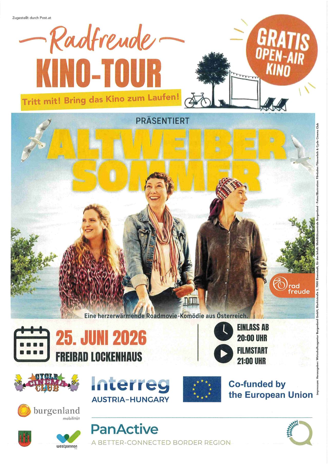 Ein Plakat für den Film Altweibersommer. Es zeigt drei Frauen, die zusammenstehen. Es steht '25. JUNI 2026' und 'Freibad Lockenhaus'. Es ist eine herzerwärmende Roadmovie-Komödie aus Österreich.