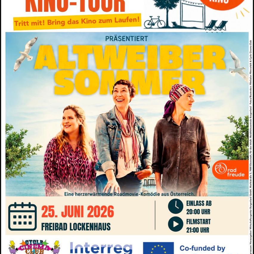 Poster für den Film 'Altweibersommer', eine herzerwärmende Roadmovie-Komödie aus Österreich. Drei Frauen stehen am Strand. Er wird am 25. Juni 2026 im Freibad Lockenhaus um 20:00 Uhr gezeigt.