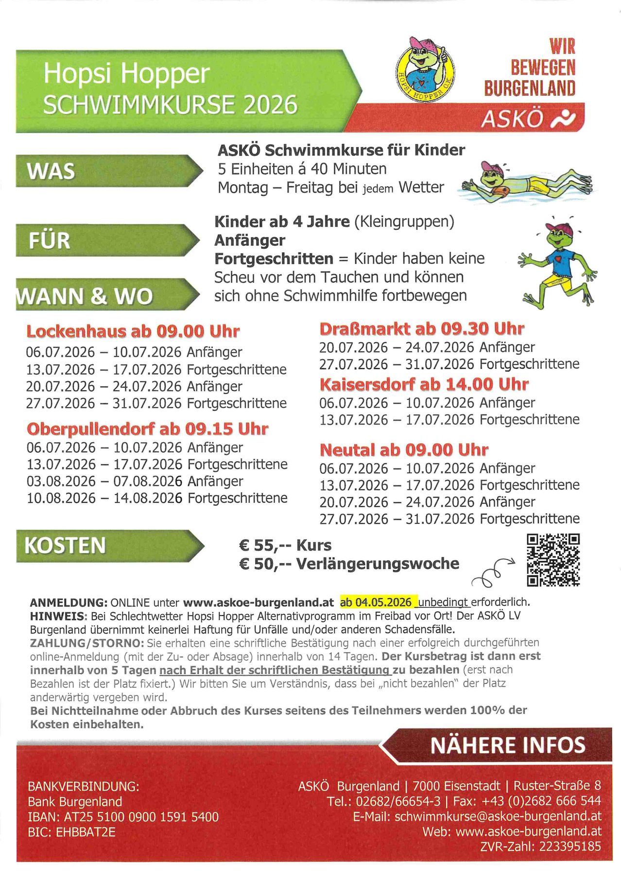 ASKO Schwimmkurse für Kinder, 5 Einheiten à 40 Minuten, Montag bis Freitag bei jedem Wetter. Kinder ab 4 Jahre (Kleingruppen). Anfänger und Fortgeschrittene = Kinder haben keine Scheu vor dem Tauchen und können sich ohne Schwimmhilfe fortbewegen. Termine und Orte verfügbar. Anmeldung bis 04.05.2026 unbedingt erforderlich.