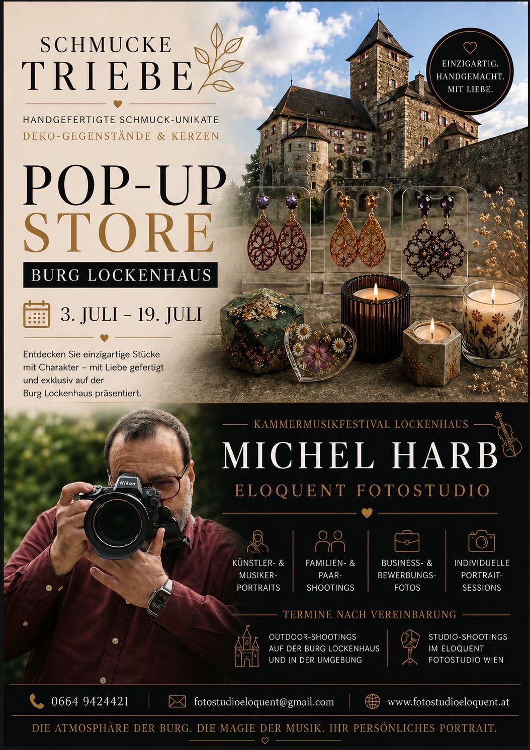 Ein Werbeplakat für einen Pop-Up-Laden auf Burg Lockenhaus, das einzigartige handgefertigte Stücke, dekorative Kerzen und einen Fotografen mit einer Kamera zeigt. Der Laden läuft vom 3. Juli bis 19. Juli.