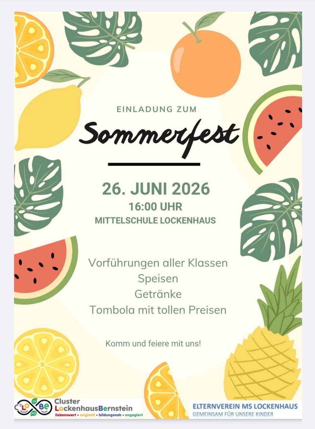 Einladung zum Sommerfest am 26. Juni 2026 um 16:00 Uhr. Aufführungen aller Klassen, Speisen, Getränke und eine Tombola mit tollen Preisen. Komm und feiere mit uns!