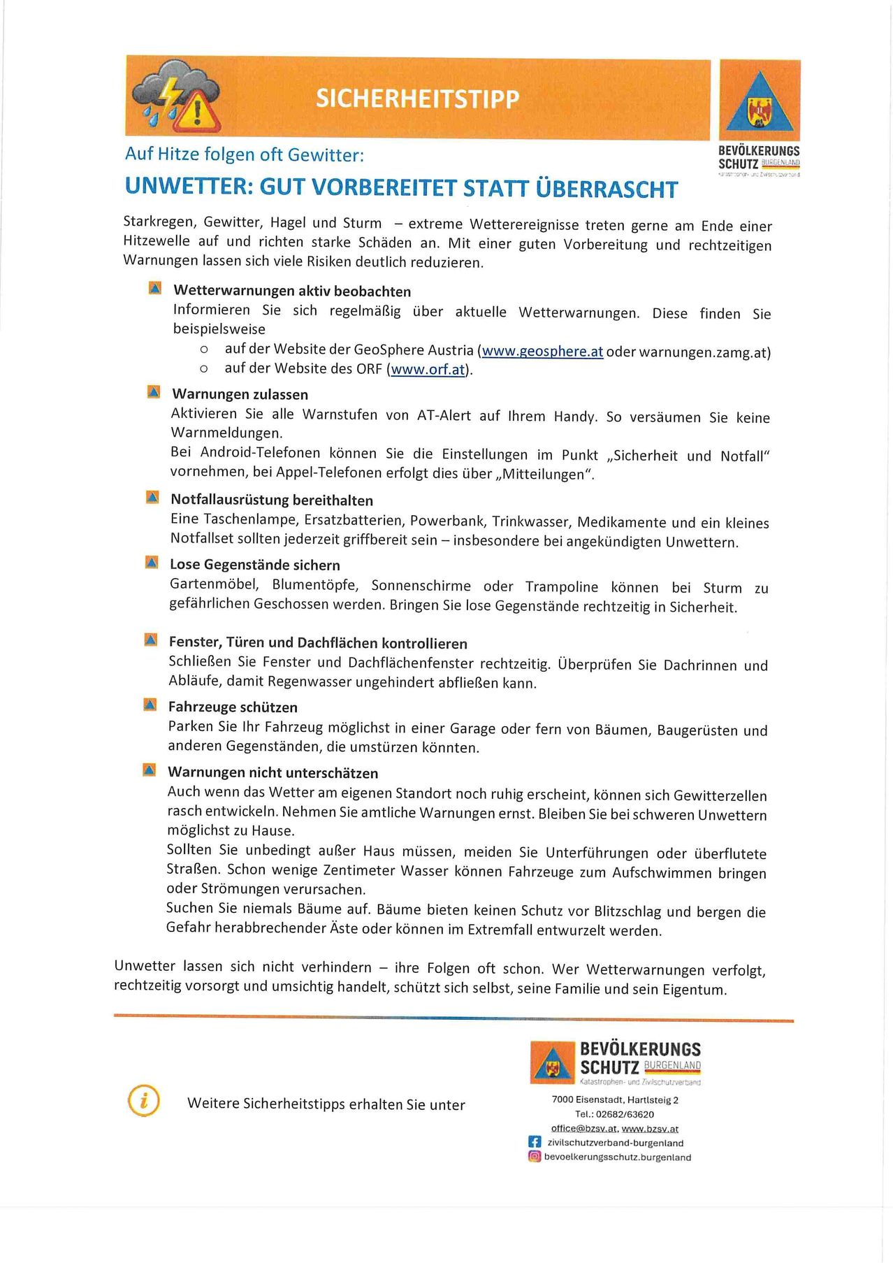 The document advises on extreme weather preparedness. It mentions activating weather warnings and activating warnings on mobile devices. It also provides tips on keeping emergency supplies ready and securing loose objects. Vehicles should be parked in safe places. The document emphasizes that bad weather cannot be prevented.