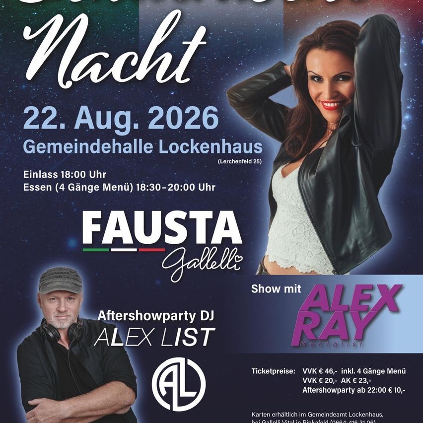 Event poster for Fausta Galleli show. Features a woman in a leather jacket and a man with headphones. Date is August 22, 2026.