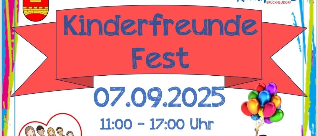 Ein buntes Plakat bewirbt das Kinderfest in Bruckneudorf am 07.09.2025 von 11:00 bis 17:00. Aktivitäten umfassen Rettungshundevorführungen, Kasper-Shows, Musik und Spiele. Es gibt auch Essens- und Getränkestände.