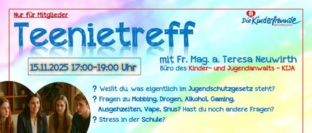 Ein Plakat für die Veranstaltung 'Teenietreff' mit dem Datum 2. Januar 2025 von 17:00 bis 19:00 Uhr. Es zeigt drei Teenager in einem Raum, die über Themen wie Mobbing, Drogen, Alkohol, Gaming, Vaping und Stress sprechen. Das Plakat lädt Jugendliche ein, sich für ein Gespräch mit Theresa zu treffen.