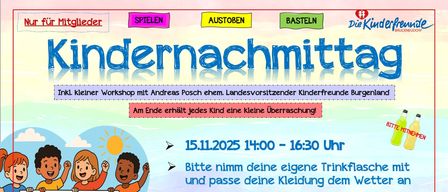 Kinderworkshop am 15.11.2025 von 14:00 bis 16:30 Uhr. Mit Spielen, Basteln und Outdoor-Aktivitäten. Treffpunkt Krippe Theibstrasse 3, Bruckneudorf. Eltern haben eine freie Zone.