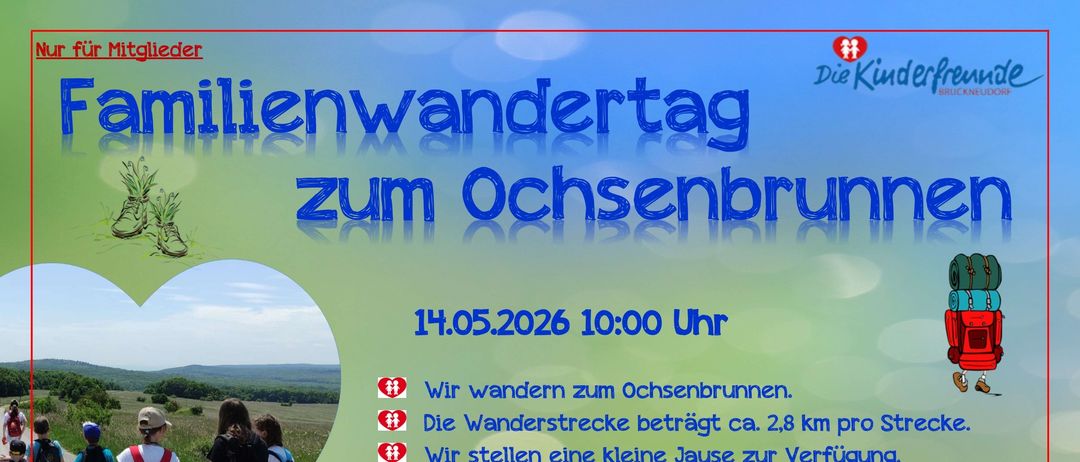 Plakat für einen Familienwanderungstag am Ochsbrunnen. Datum: 14.05.2026, Zeit: 10:00 Uhr. Die Wanderung beträgt ca. 2,8 km. Erfrischungen werden bereitgestellt. Geeignet für die ganze Familie. Anmeldung erforderlich bis 07.05.2026.