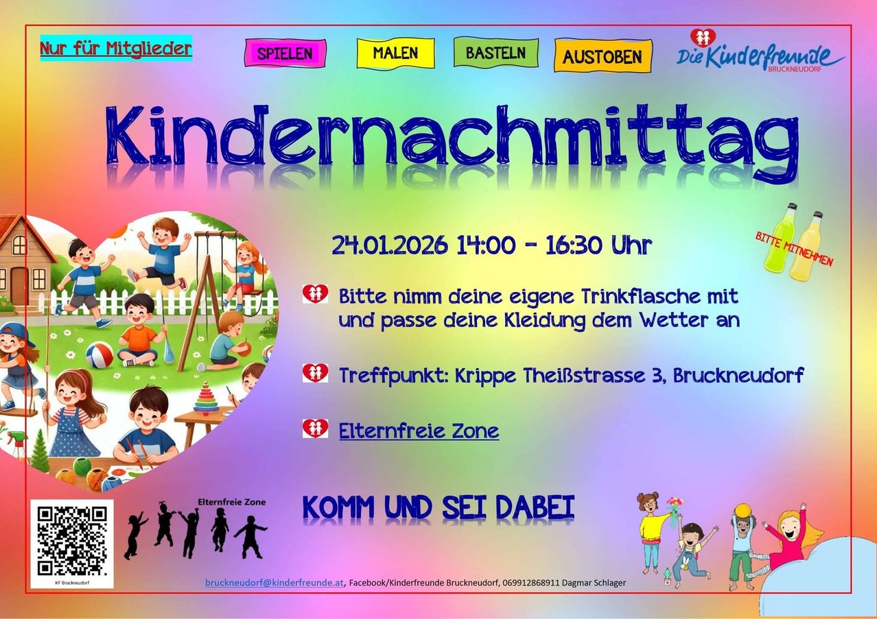 Ein Plakat für die Kindernachmittag-Veranstaltung am 24.01.2026 von 14:00 bis 16:30 Uhr. Kinder spielen auf Spielgeräten. Eltern werden gebeten, ihre eigenen Trinkflaschen mitzubringen und sich wettergerecht zu kleiden. Der Treffpunkt ist Krippe Theilstrasse 3, Bruckneudorf. Es gibt eine Elternfreie Zone.