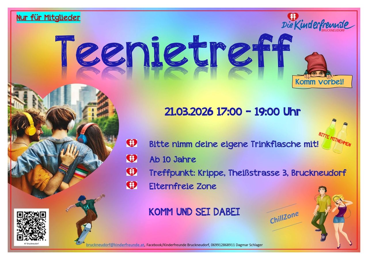 Plakat für ein Teen-Treffen bei Krippe, TheiBstrasse 3, Bruck. Datum: 21.03.2026, 17:00-19:00. Bitte bring deine eigene Trinkflasche mit. Ab 10 Jahren. Elternfreie Zone.