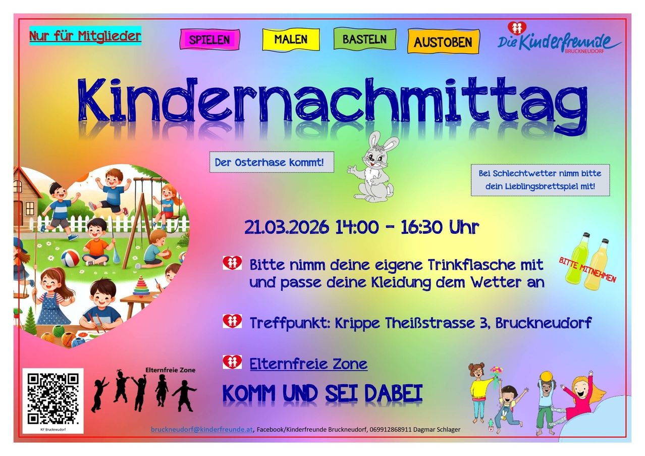 Plakat für Kindernachtmittag am 21.03.2026 von 14:00 bis 16:30 Uhr. Es bietet verschiedene Aktivitäten und einen Treffpunkt bei Krippe Theißstrasse 3, Brucknerdorf. Es lädt Kinder ein, ihre eigenen Getränke mitzubringen und sich dem Wetter entsprechend zu kleiden.