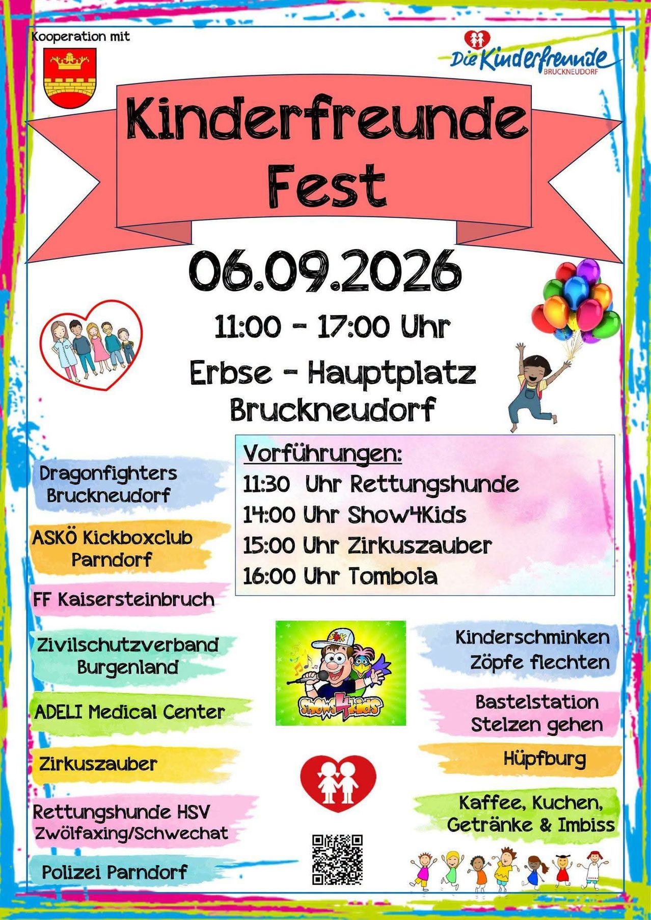 Plakat für ein Kinderfest am 6. September 2026 mit einem Kind, das Luftballons hält, und verschiedenen Aktivitäten wie Hundeshows, Kindershows, Zirkuszauber und Tombola. Die Veranstaltung findet am Erse Hauptplatz Bruckneudorf statt.