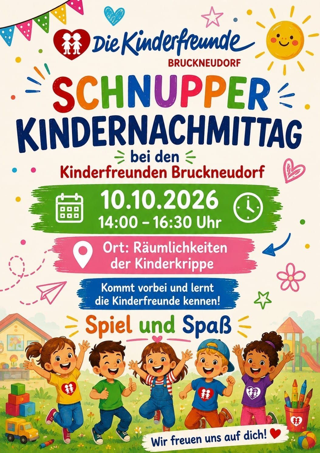 Plakat für Schnupper Kindernachmittag bei den Kinderfreunden Bruckneudorf am 10.10.2026 von 14:00 bis 16:30 Uhr. Ort: Raumlichkeiten der Kinderkrippe. Kommt vorbei und lernt die Kinderfreunde kennen!