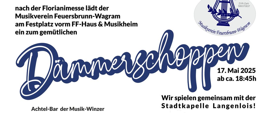 Poster für Florianimesse mit Harfenlogo, Datum 17., Veranstaltungsdetails über die Musikband Stadtkapelle Langenzlois und verfügbare Speisen.