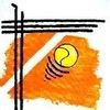 Ein abstraktes Tennisplatz-Design zeigt einen gelben Tennisball mit einem Spiralmuster in der Mitte, vor einem orangefarbenen Hintergrund.
