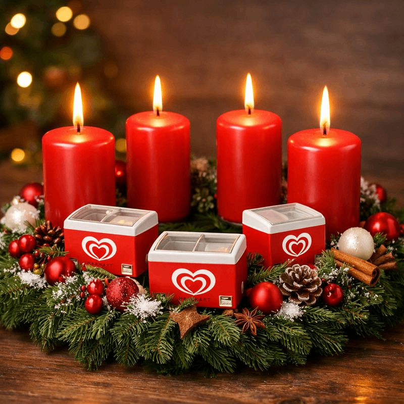 Ein Weihnachtskranz mit roten Kerzen, Ornamenten und zwei roten Boxen mit Herzdesign. Ein Weihnachtsbaum ist im Hintergrund.