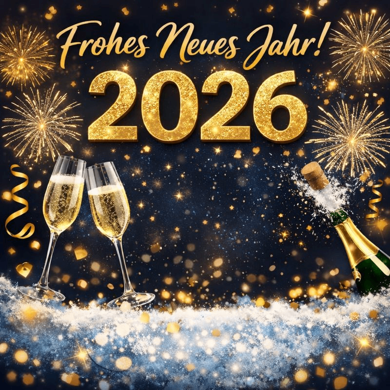 Neujahrsfeier im Jahr 2026 mit Champagnergläsern, einer Flasche und Feuerwerk in einem funkelnden blau-goldenen Thema.